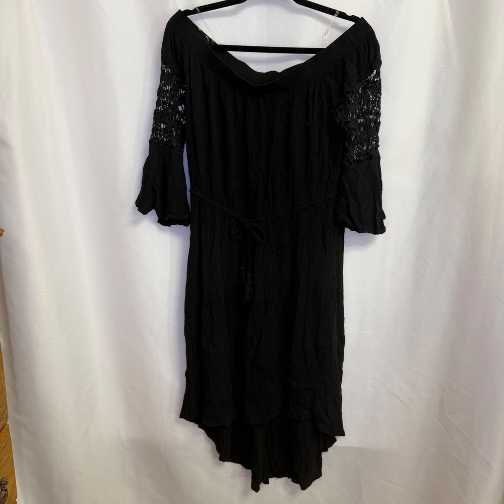 Hint of Blush‎ Black Off Shoulder Crochet Flare Sleeve Dress Large Whimsygoth